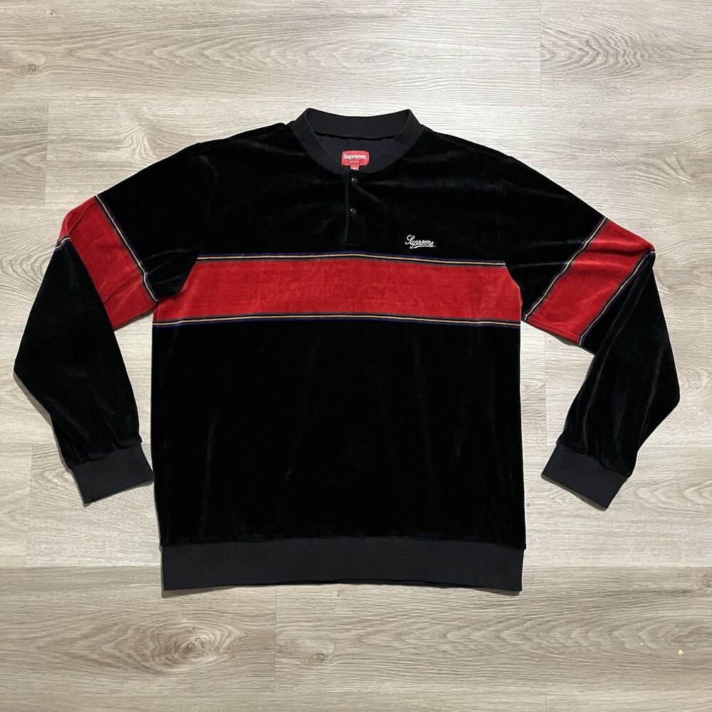 Supreme Velour Snap Henley Black Red Long Sleeve Mens Size XL Fall 2017